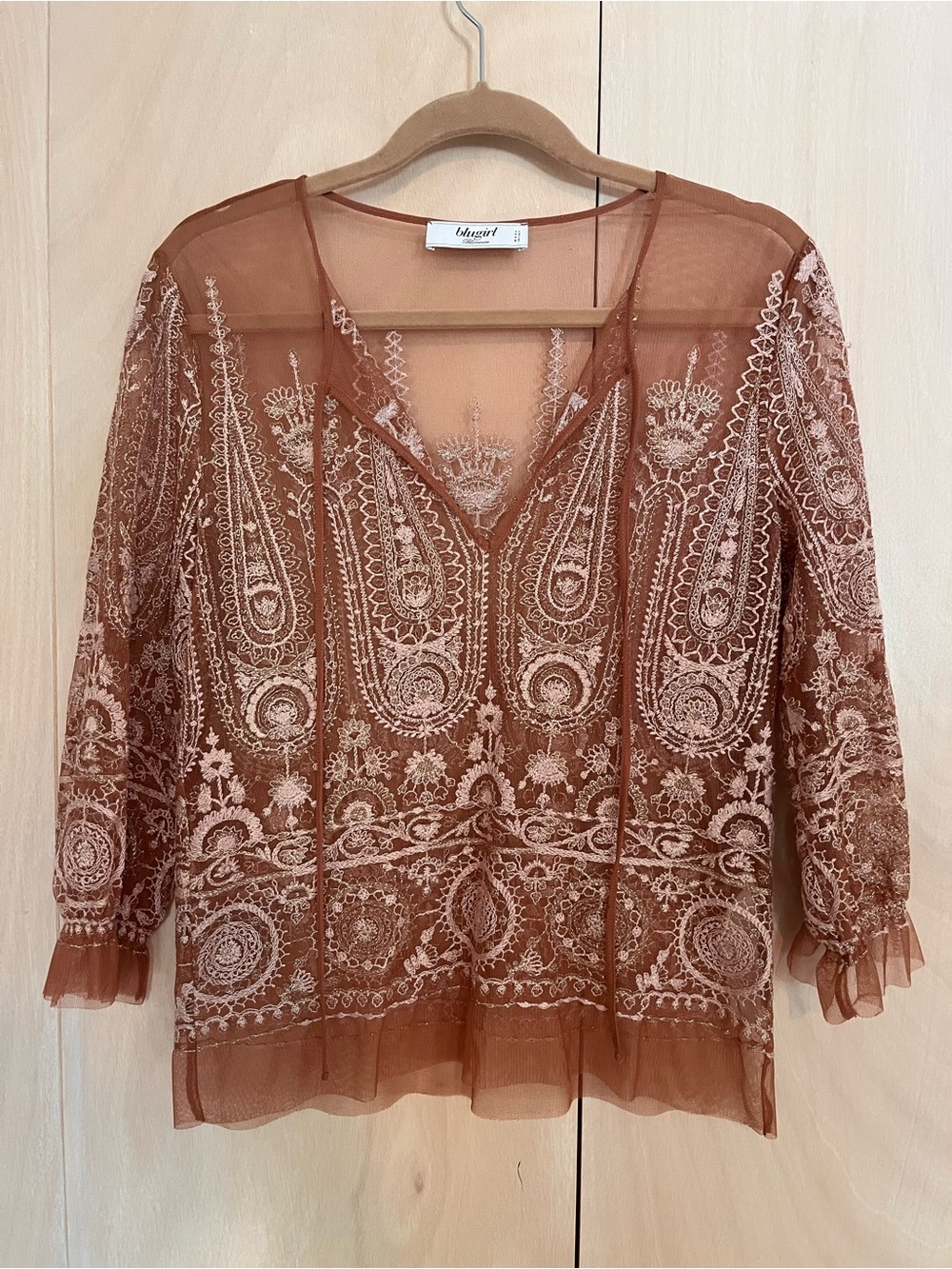 Blumarine Sheer Embroidered V-Neck Blouse